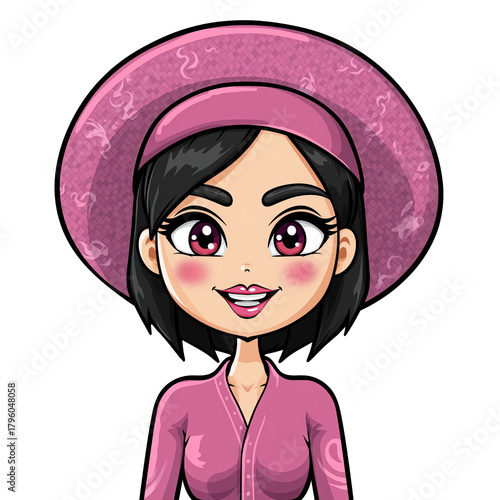 Pixel Art Portrait of a Young Asian Woman Wearing a Pink Traditional Hat and Outfit Smiling with Pink Eyes and Rosy Cheeks on a Transparent Background