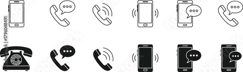 Collection of vintage and modern telephones and mobile phones with call icons in a clean black and white illustration