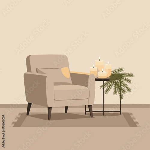 Cozy armchair with flickering candles and lush greenery creates a serene, inviting atmosphere.