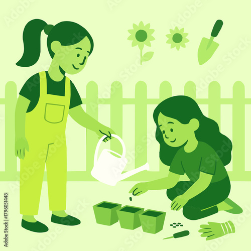 Big Sister Gardening with Little Sister Flat Vector Icon