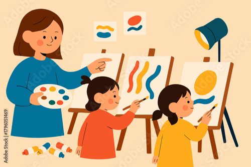 Big Sister Leading Art Class for Siblings Flat Vector