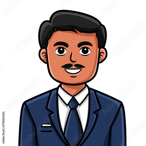 Portrait Of A Man Wearing A Blue Suit And Tie With A Mustache And Short Black Hair Standing Against A Black Background