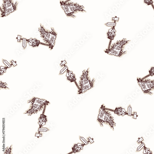 Pilgrim follow the road seamless vector pattern. Black and white church sanctuary background for religious travel. Pilgrim shell for St James way Santiago de compostela swatch. European travel retreat