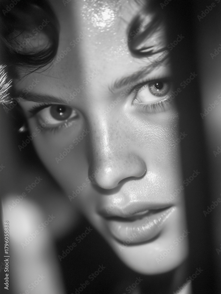 Fototapeta premium Intense Gaze of a Young Person in Dramatic Black and White Lighting