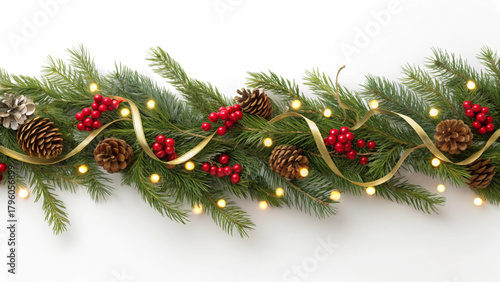 A rich Christmas garland made of pine boughs, red berries, natural pine cones, and a shimmering gold ribbon is draped horizontally, illuminated by bright, warm fairy lights on a white background.
