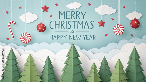 Stylized paper-cut green Christmas trees sit beneath hanging red and white peppermint candy canes and baubles, framing the "Merry Christmas & Happy New Year" greeting against a pale blue, cloudy sky.