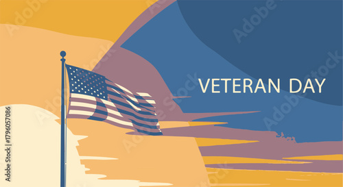 Patriotic Tribute Waving American Flag Illustration Celebrating Veterans Day Against a Serene Abstract Sky Background