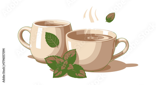 Two cozy mugs filled with warm, aromatic mint tea, accompanied by fresh green leaves, perfect for a soothing moment of relaxation