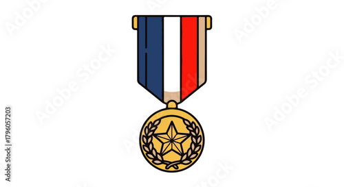Illustrative icon depicting a gold medal and striped ribbon, representing military honor, prestigious award, and personal accomplishment