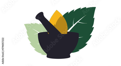 Mortar and pestle icon with green leaves and golden drops, symbolizing natural herbal remedies, organic extracts, and holistic wellness