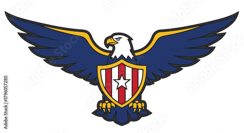 Majestic bald eagle illustration with spread wings holding a patriotic shield featuring stars and stripes, symbolizing strength and freedom of a nation