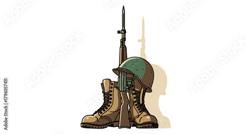 Illustration of military gear, including a soldier's rifle, helmet, and boots, symbolizing service, sacrifice, and remembrance for veterans