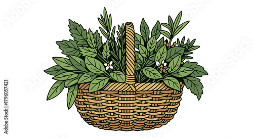 Rustic woven basket full of fresh aromatic green herbs for cooking and natural wellness