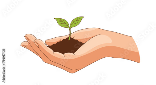 A caring human hand gently cradles a small green sprout emerging from soil, symbolizing new life, growth, and environmental sustainability efforts