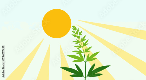 Vibrant green plant thriving under bright yellow sunbeams in a clear sky, symbolizing growth and natural energy
