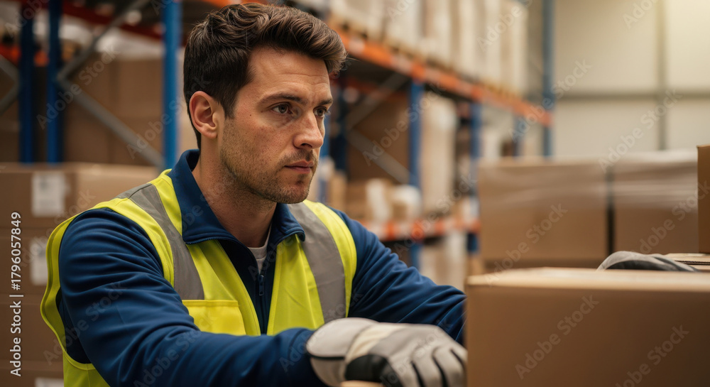 Fototapeta premium Trabajador de almacén cargando caja de cartón durante su jornada laboral, póster horizontal.