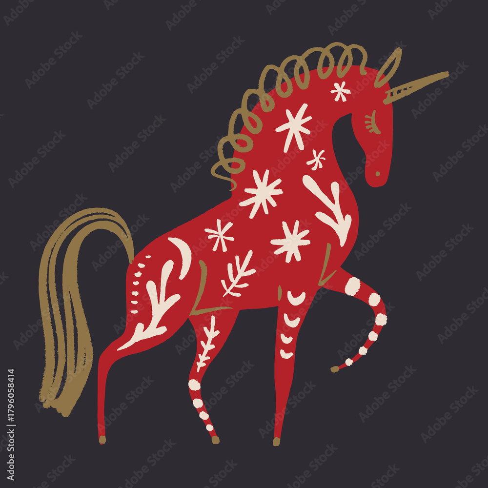Naklejka premium Whimsical red horse vector and jpg image clip-art of groovy celestial tattooed festive unicorn New Year fire horse symbol, editable isolated details, Scandinavian stylized ornate horse, dry brush