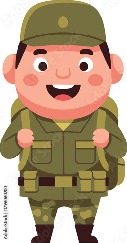 A cheerful cartoon soldier with a wide smile, wearing an olive green uniform, cap, and a large backpack.