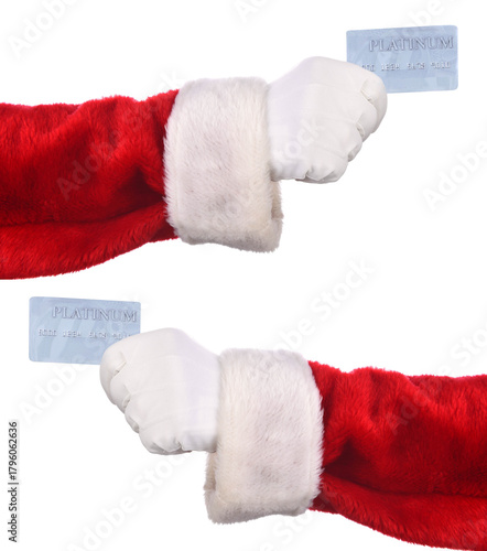 Two Santa Claus hands holding a Platinum credit card, isolated on white.