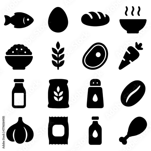 Culinary Collection of Essential Ingredients: A stylized assortment of culinary staples including fish, egg, bread, soup, rice, grain, steak, carrot, milk, flour, salt, coffee bean, garlic, sugar.