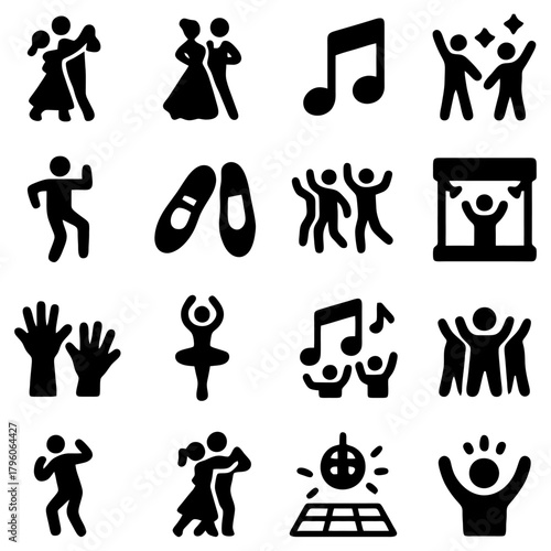 Dancing Iconography: A collection of diverse dance icons illustrating different styles and expressions of movement, music, and performance.