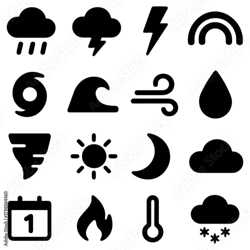 Weather Icons Collection: A comprehensive set of iconic illustrations representing diverse weather phenomena, perfect for conveying meteorological information.