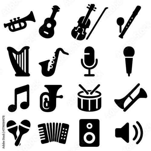 Orchestral Melody: A visual symphony of various musical instruments, each silhouette representing a unique sound, harmonizing in a composition of artistic expression.