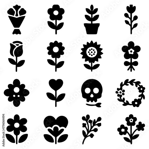 Floral Collection: A stunning compilation of diverse floral icons and design elements. capturing elegance and nature's beauty in minimalist.