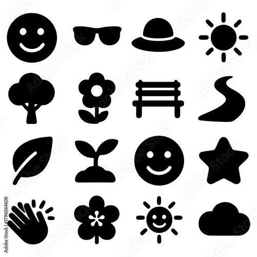 Sunshine and Happiness: A delightful collection of cheerful icons showcasing the essence of joy, embracing the simplicity of life's happy moments.