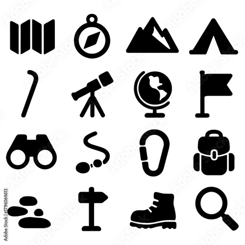 Adventure Essentials: A collection of essential icons for adventure and outdoor activities. These icons represent the core tools and elements needed for navigation, exploration, and discovery.