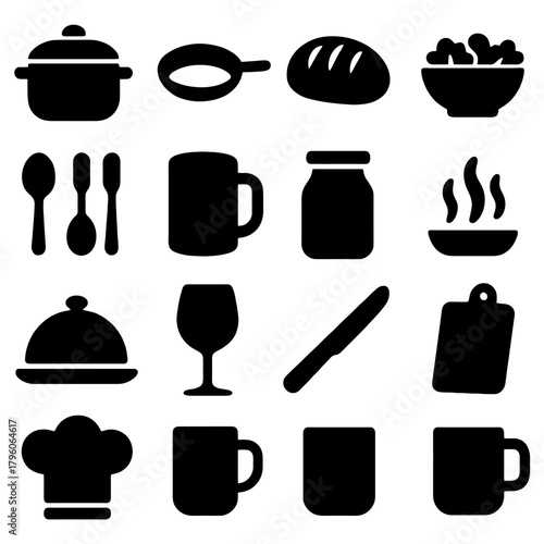 Culinary Collection of Essential Items: A collection of various kitchen items, including pots, pans, bread, and bowls, showcases the fundamental tools for any culinary endeavor.