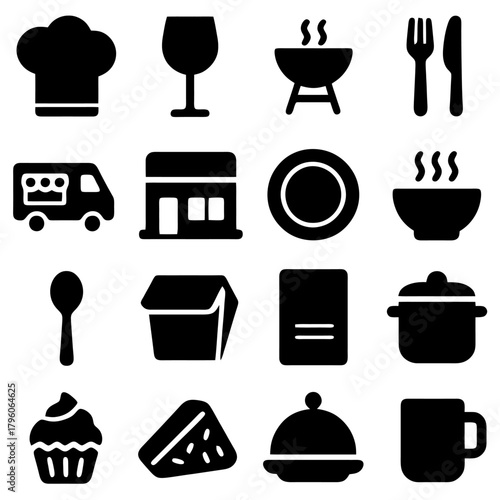 Culinary Ensemble: A collection of culinary icons, ranging from a chef's hat to utensils, showcases the diverse aspects of the food industry, including cooking, dining, and service.