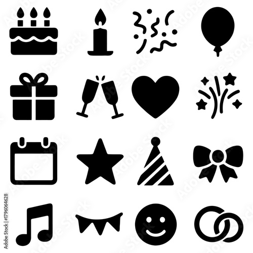 Festive Icons Collection: A vibrant assortment of symbolic illustrations captures the essence of joyous celebrations and special occasions, perfect for adding flair to any celebratory design.