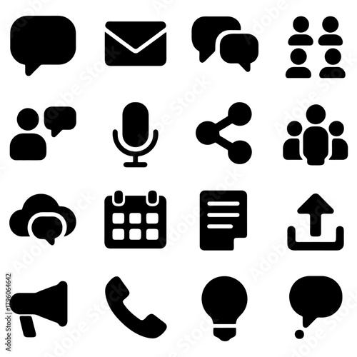 Communication Icon Set: A comprehensive collection of modern communication and social media icons in a clean, contemporary design, perfect for various digital and print applications.
