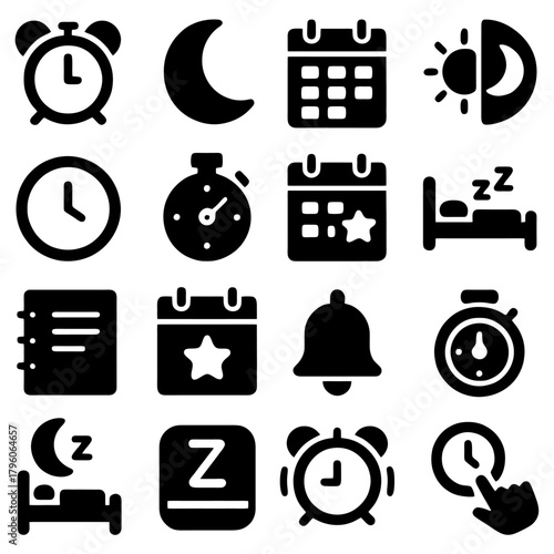 Time and Schedule Icons: A meticulously crafted collection of icons, offering a comprehensive visual vocabulary for themes such as time, scheduling, and sleep.