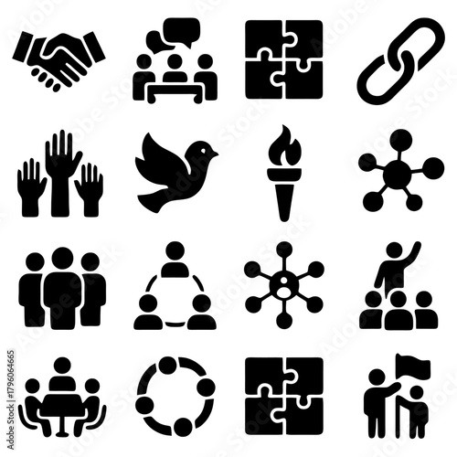 Unity and Solidarity: A collection of impactful icons symbolizing connection, collaboration, and collective action, conveying messages of teamwork and togetherness.