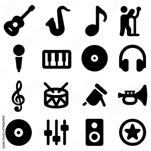 Musical Symphony of Elements: A collection of musical icons, representing the diverse instruments and equipment that are essential for composing, performing, and appreciating music. Symbols of rhythm.