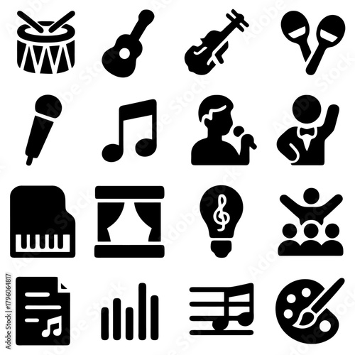 Musical Icons: A collection of musical icons, depicting essential tools and symbols used in the realm of performance. 