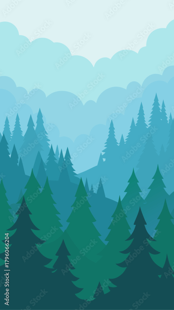 Fototapeta premium Illustration of a misty forest with tall pine trees