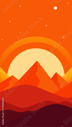 Illustration of a sunset over mountains with stars above