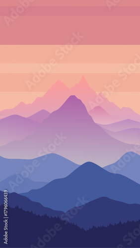 A layered mountain range under a pastel colored sky