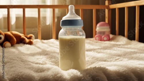 Clear glass baby bottle filled with milk sitting on a soft white blanket inside a wooden crib with a blurry teddy bear toy