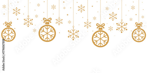 Elegant, minimalist holiday banner with a top border of hanging gold ornaments (with snowflake motif) and loose snowflakes. Suspended by dotted strings and bows against a clean white background. Perfe