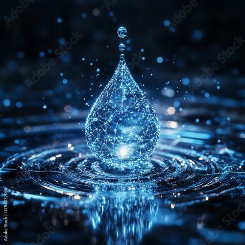 Digital environment featuring a floating water drop and particles, emphasizing advanced technology and modern design   high resolution   for isolate image