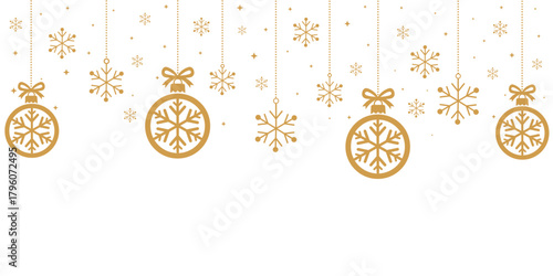 Elegant, minimalist holiday banner with a top border of hanging gold ornaments (with snowflake motif) and loose snowflakes. Suspended by dotted strings and bows against a clean white background. Perfe