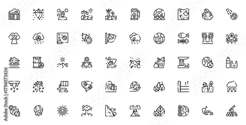 Climate change icon set. Environmental vector symbol. Includes smog, pollution green energy, global warmng, CO2, deforestation, naural disasters and more. Eitable stroke.