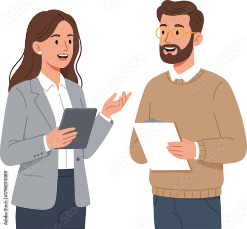 Business Conversation Between a Woman and a Man Engaged in Professional Discussion with Digital Devices and Documents on a Black Background