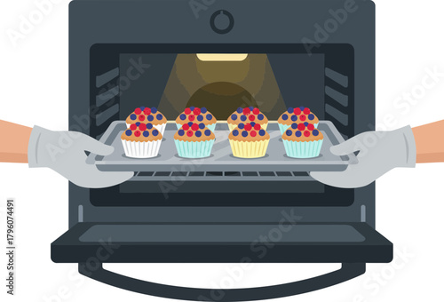 Bakery Chef Removing Freshly Baked Colorful Cupcakes from Oven with Gloves on for Hot Handling Joyful Dessert Preparation
