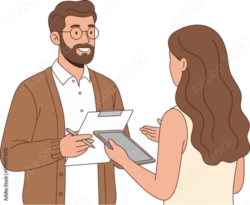 Conversational exchange between a professional and a client with digital devices on dark background