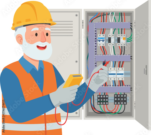 electrician inspecting and testing electrical panel with multimeter on site in a professional setting with safety gear and organized wiring
